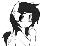 Size: 2048x1536 | Tagged: source needed, safe, artist:cloveryrhythm, derpibooru import, oc, oc:lucky strike, unofficial characters only, pegasus, pony, clover, doodle, female, filly, filly oc, foal, folded wings, image, monochrome, no shading, pegasus oc, photo, png, raised hoof, simple, simple background, sketch, solo, wings