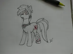 Size: 4160x3120 | Tagged: semi-grimdark, derpibooru import, oc, oc:chicken scratch, unofficial characters only, earth pony, pony, bags under eyes, bandage, bandaged leg, blood, branded, cursed, drool, ear piercing, earth pony oc, image, jewelry, jpeg, pendant, piercing, ponytail, purple eyes, sad, shaggy mane, solo, traditional art, wip