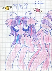 Size: 1607x2175 | Tagged: safe, artist:larvaecandy, derpibooru import, twilight sparkle, twilight sparkle (alicorn), alicorn, ant, ant pony, insect, original species, pony, unicorn, abdomen, alternate tailstyle, antennae, bangs, big eyes, colored pencil drawing, eye clipping through hair, female, floppy ears, folded wings, graph paper, horn, image, jpeg, long legs, mare, multiple legs, no mouth, pincers, race swap, raised hoof, six legs, small wings, solo, sparkles, sparkly mane, sticker, tail, three toned mane, traditional art, two toned tail, unicorn horn, wingding eyes, wings, yay