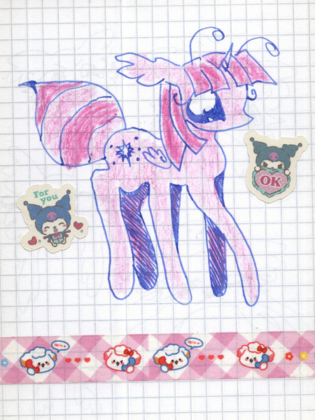 Size: 1588x2115 | Tagged: safe, artist:larvaecandy, derpibooru import, twilight sparkle, twilight sparkle (alicorn), alicorn, ant, ant pony, insect, original species, pony, alternate mane color, alternate tailstyle, antennae, big eyes, colored pencil drawing, curly eyelashes, eyelashes, female, floppy ears, folded wings, graph paper, image, jpeg, kuromi, long legs, looking back, mare, mixed media, no mouth, pink mane, profile, purple coat, race swap, sanrio, solo, sticker, tail, traditional art, two toned tail, wings