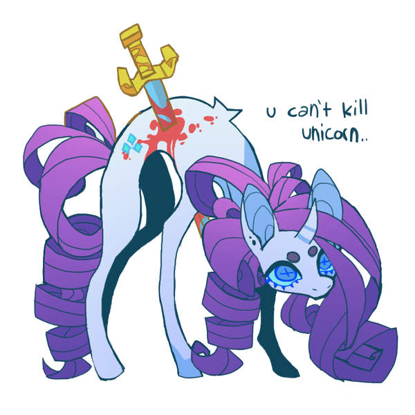 Size: 851x851 | Tagged: semi-grimdark, artist:cutesykill, derpibooru import, rarity, pony, unicorn, g4, beanbrows, big ears, big eyes, bleeding, blood, blue eyelashes, blue eyes, blue pupils, blue sclera, body fluff, colored eyebrows, colored eyelashes, colored pinnae, colored pupils, colored sclera, concave belly, curly mane, curly tail, curved horn, dialogue, ear piercing, earring, eyebrows, female, gradient mane, gradient tail, horn, hunched over, image, impalement, injured, jewelry, lanky, long legs, long mane, long tail, looking up, mare, no catchlights, no mouth, piercing, png, purple mane, purple tail, ringlets, simple background, skinny, solo, standing, striped horn, sword, tail, tall, thin, thin legs, three quarter view, unicorn horn, weapon, white background, white coat, x eyes