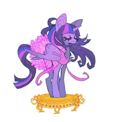 Size: 851x879 | Tagged: safe, artist:cutesykill, derpibooru import, twilight sparkle, twilight sparkle (alicorn), alicorn, pony, ballerina, big ears, clothes, colored eyelashes, eyelashes, eyes closed, female, flowing mane, flowing tail, folded wings, frilly skirt, gray eyelashes, horn, image, large wings, leotard, long mane, long tail, mare, music box, png, purple coat, simple background, solo, sparkles, sparkly mane, sparkly tail, standing, tail, thick eyelashes, three quarter view, three toned mane, three toned tail, tutu, unicorn horn, white background, wings