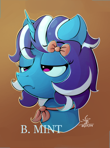 Size: 1463x1956 | Tagged: safe, artist:ch0c0sauri0, derpibooru import, oc, unofficial characters only, pony, unicorn, abstract background, angry, big eyes, blue mane, bow, bust, clothes, colored, colored pinnae, colored pupils, detailed, ears up, eyebrows, eyebrows visible through hair, eyelashes, eyeshadow, fanart, female, green eyes, hair bow, highlights, horn, image, long hair, long mane, looking at someone, makeup, original art, pink eyes, png, portrait, raised eyebrow, shading, signature, solo, text