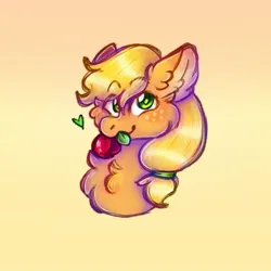 Size: 1280x1280 | Tagged: safe, artist:tainderstorm, derpibooru import, applejack, earth pony, pony, g4, apple, bust, cheek fluff, chest fluff, cute, ear fluff, female, food, gradient background, hatless, image, jackabetes, jpeg, looking at you, mare, missing accessory, mouth hold, neck fluff, smiling, smiling at you, solo