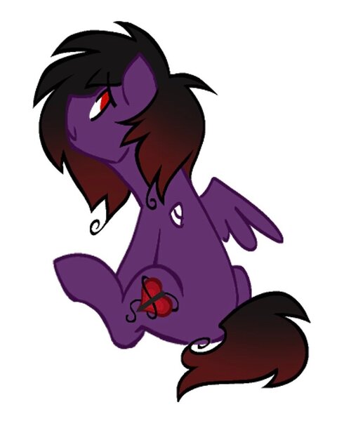 Size: 817x1000 | Tagged: safe, artist:partyponypower, derpibooru import, oc, oc:frankie fang, unofficial characters only, pegasus, pony, bandage, bandaged wing, colored lineart, emo, emo hair, gradient mane, gradient tail, image, jpeg, looking up, male, male oc, missing wing, no catchlights, no pupils, one winged pegasus, pegasus oc, purple coat, rear view, requested art, simple background, sitting, smiling, solo, stallion, stallion oc, tail, white background, wings