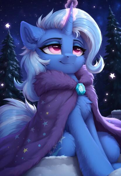 Size: 1280x1856 | Tagged: safe, ai content, derpibooru import, generator:civitai, machine learning generated, prompter:inoneart, stable diffusion, trixie, pony, unicorn, g4, :3, clothes, cute, detailed, detailed background, eyes open, fluffy, forest, generator:pony diffusion v6 xl, horn, image, jpeg, looking up, low angle, magic, mantle, nature, pink eyes, scarf, sky, snow, snowfall, solo, stars, tree