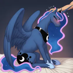 Size: 2704x2704 | Tagged: safe, ai content, derpibooru import, machine learning generated, prompter:aiboi, princess luna, alicorn, human, pony, g4, bed, blushing, cute, eyes closed, head pat, human on pony petting, image, offscreen character, pat, petting, png, side view, simple background, sitting, spread wings, wings