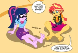 Size: 2185x1482 | Tagged: safe, artist:niban-destikim, derpibooru import, sci-twi, sunset shimmer, twilight sparkle, human, comic:the shrinking project, equestria girls, g4, comic, duo, feet, female, fetish, foot fetish, handheld, image, implied flash sentry, jpeg, micro, shrinking, wiggling toes