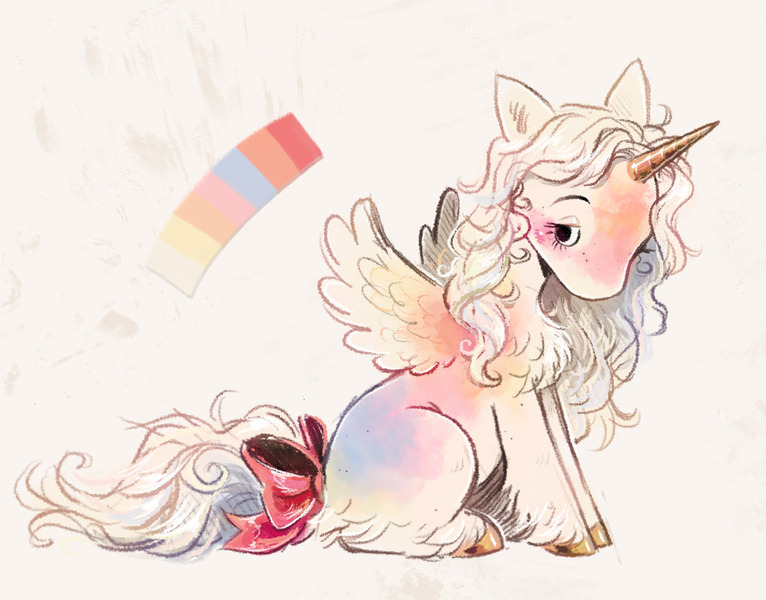 Size: 976x764 | Tagged: safe, artist:lutraviolet, derpibooru import, oc, unnamed oc, unofficial characters only, pegasus, pony, blushing, body freckles, bow, chest fluff, coat markings, color palette, colored hooves, colored horn, colored wings, eyelashes, feathered wings, female, female oc, fluffy tail, freckles, golden horn, gradient coat, gradient wings, hatching (technique), hooves, horn, image, jpeg, leg fluff, leg freckles, lidded eyes, looking back, mare, mare oc, multicolored coat, multicolored wings, no catchlights, no mouth, no pupils, pegasus oc, ponysona, profile, shiny hooves, shiny horn, sitting, small wings, solo, spread wings, tail, tail bow, unicorn horn, unshorn fetlocks, wavy mane, wavy tail, white coat, white mane, white tail, wings, yellow hooves