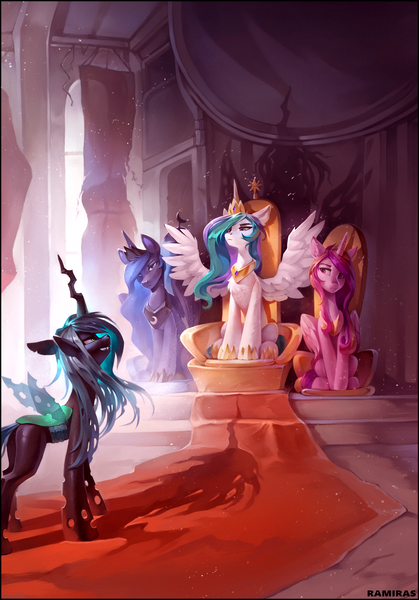 Size: 1908x2730 | Tagged: safe, artist:ramiras, derpibooru import, princess cadance, princess celestia, princess luna, queen chrysalis, alicorn, changeling, changeling queen, pony, fanfic, g4, disguise, disguised changeling, fanfic art, fanfic cover, female, grin, high res, image, mare, narrowed eyes, png, shadow, sitting, smiling, spread wings, throne, throne room, wings