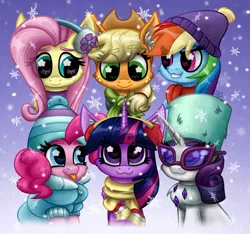 Size: 3200x3000 | Tagged: safe, artist:sunamoonmlp, derpibooru import, applejack, fluttershy, pinkie pie, rainbow dash, rarity, twilight sparkle, twilight sparkle (alicorn), alicorn, earth pony, pegasus, pony, unicorn, g4, clothes, cute, derpibooru exclusive, eye clipping through hair, female, glasses, hat, horn, image, jacket, mane six, mare, png, scarf, smiling, snow, snowflake, teeth, tongue out, winter, winter outfit