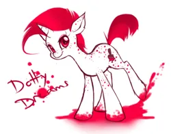 Size: 500x391 | Tagged: safe, artist:shoelacers, oc, oc:dotty dreams, pony, unicorn, cutie mark, female, horn, image, looking at you, mare, paint, paintbrush, png, raised leg, red eyes, red hooves, red mane, red tail, simple background, solo, spotted, unicorn oc, white background, white coat