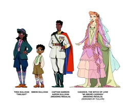 Size: 4183x3424 | Tagged: safe, artist:bixels, derpibooru import, princess cadance, shining armor, spike, twilight sparkle, human, g4, alternate name, argyle socks, cape, clothes, dark skin, dress, family, female, hand in pocket, hand on hip, hat, height difference, high heels, high res, human spike, humanized, image, jacket, jpeg, male, military uniform, name, necktie, shoes, smiling, socks, the grand galloping 20s, uniform, veil