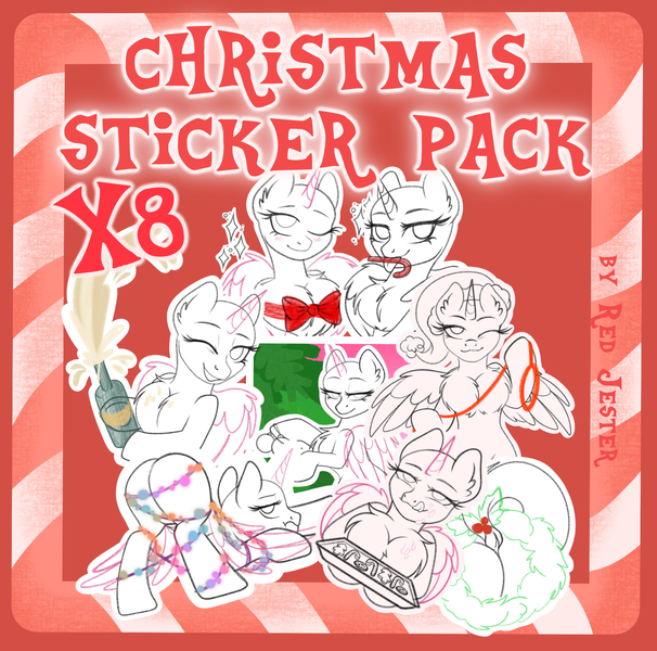 Size: 2000x1981 | Tagged: suggestive, artist:redjester, derpibooru import, oc, unofficial characters only, pony, advertisement, alcohol, breasts, butt, candy, candy cane, champagne, chest fluff, commission, cookie, drink, female, food, horn, image, leash, mare, png, ribbon, sketch, sticker, sticker pack, sticker set, wine, wings, ych sketch, your character here