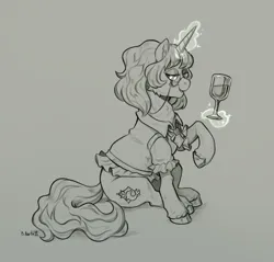 Size: 2468x2358 | Tagged: safe, artist:birdoffnorth, derpibooru import, oc, oc:sea chic, unofficial characters only, pony, unicorn, alcohol, female, fusion, fusion:fancypants, fusion:sea swirl, glass, glasses, glow, glowing horn, gray background, grayscale, horn, image, levitation, lidded eyes, magic, mare, monochrome, open mouth, open smile, png, simple background, sitting, smiling, solo, telekinesis, wine, wine glass