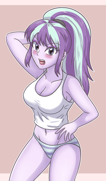 Size: 1637x2800 | Tagged: suggestive, artist:sumin6301, derpibooru import, starlight glimmer, human, equestria girls, g4, 2d, bangs, belly, belly button, blushing, breasts, cleavage, clothes, eyeshadow, female, hairband, image, jpeg, looking at you, makeup, open mouth, panties, ponytail, short shirt, sleeveless, solo, striped panties, striped underwear, underwear