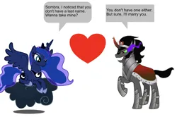 Size: 2020x1342 | Tagged: safe, derpibooru import, king sombra, princess luna, g4, cloud, heart, image, marriage proposal, pick-up line, png, shipping, simple background, white background