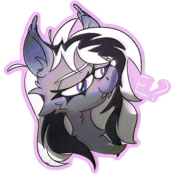 Size: 1024x1024 | Tagged: safe, artist:rvsd, artist:ybkathan, derpibooru import, oc, oc:wafflejuice, unofficial characters only, bat pony, pony, black and white mane, fangs, female, gray fur, image, mare, png, purple eyes, simple background, sticker, telegram sticker