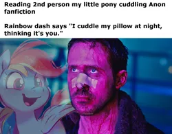 Size: 1280x1000 | Tagged: safe, artist:imalou, derpibooru import, rainbow dash, pegasus, pony, g4, blade runner, cuddling, cute, daaaaaaaaaaaw, female, image, jpeg, looking at you, mare, meme, op is a duck, ryan gosling, sad, shitposting, snuggling, sweet dreams fuel