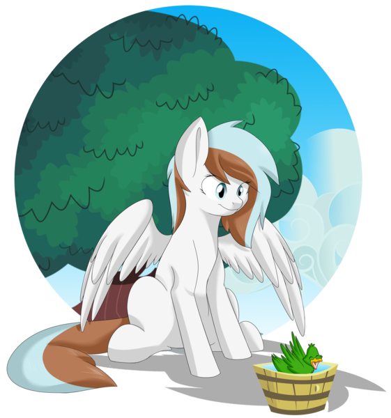 Size: 2432x2600 | Tagged: safe, artist:chub-wub, derpibooru import, oc, oc:waffles, unofficial characters only, bird, duck, pegasus, pony, bucket, image, png, simple background, sitting, solo, transparent background, tree