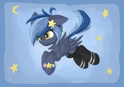 Size: 1818x1271 | Tagged: safe, artist:atlas-66, derpibooru import, oc, oc:pixi feather, unofficial characters only, pegasus, pony, bracelet, clothes, flying, image, jewelry, png, simple background, smiling, socks, stars, yellow eyes