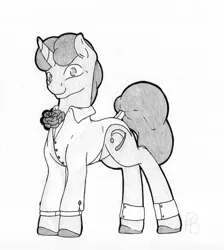 Size: 2040x2280 | Tagged: safe, artist:parallel black, derpibooru import, part of a set, oc, oc:darker sky, pony, unicorn, clothes, commission, flower, horn, image, looking at you, male, png, rose, simple background, solo, stallion, suit, tail, tail wrap, traditional art, white background