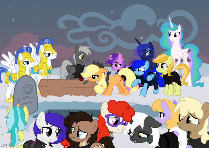 Size: 4093x2894 | Tagged: oc name needed, safe, artist:jjsh, derpibooru import, amethyst star, applejack, big macintosh, drizzle, jonagold, lemony gem, marmalade jalapeno popette, mjölna, princess celestia, princess luna, twist, oc, oc:jennifer jones stars, oc:jetstream, oc:psalm, oc:stonewing, alicorn, earth pony, pegasus, pony, unicorn, g4, apple family member, armor, birthmark, clothes, cloud, coffin, crying, female, flower, funeral, glasses, grave, gravestone, guard, guardian, hat, high res, horn, image, male, mare, png, rose, royal guard, sad, scar, snow, stallion, teary eyes, teeth, wings