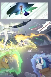 Size: 960x1440 | Tagged: safe, artist:cold-blooded-twilight, derpibooru import, edit, nightmare moon, princess celestia, shining armor, oc, oc:blazing saddles, comic:cold storm (ru), g4, clothes, cloud, cloudy, comic, dialogue, dust, explosion, fire, image, png, robes, spread wings, torch, tornado, translation, wings