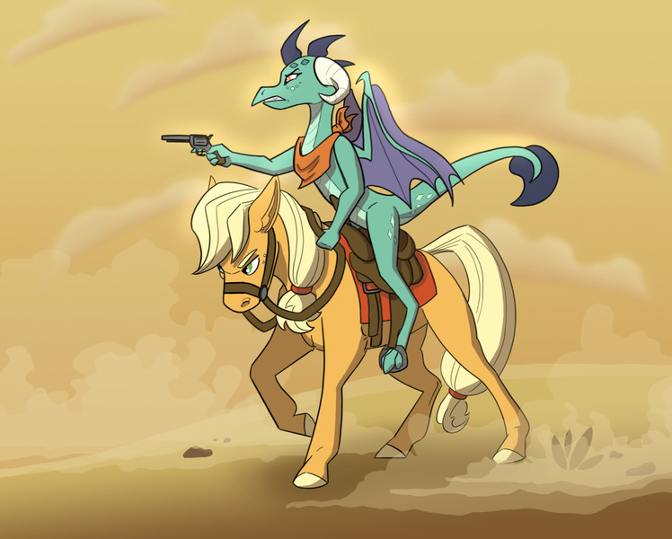 Size: 1496x1200 | Tagged: safe, artist:mushroompone, derpibooru import, applejack, princess ember, dragon, earth pony, pony, g4, angry, bag, clothes, desert, dragons riding ponies, duo, duo female, female, gun, handgun, image, jpeg, outdoors, pistol, reins, revolver, riding, riding a pony, saddle, saddle bag, scarf, tack, weapon, wings