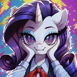 Size: 4096x4096 | Tagged: safe, ai content, derpibooru import, machine learning generated, prompter:thedaren666, stable diffusion, rarity, anthro, pony, unicorn, g4, closed mouth, ear fluff, error, eyebrows, eyeshadow, fangs, female, fluffy, generator:pony diffusion v6 xl, glitch, hand on face, horn, image, looking at you, makeup, mare, mirai nikki, png, purple eyes, slit pupils, smiling, solo, yandere, yandere trance, yanderity