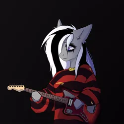 Size: 1000x1000 | Tagged: safe, artist:silver, derpibooru import, oc, oc:wafflejuice, unofficial characters only, bat pony, pony, black and white mane, clothes, electric guitar, female, gray fur, guitar, image, jpeg, mare, musical instrument, purple eyes, simple background, solo