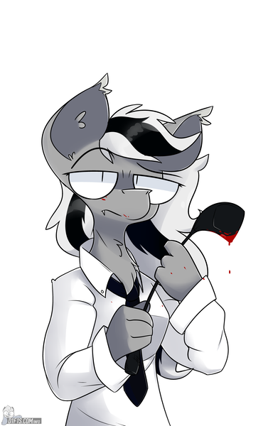 Size: 5120x8000 | Tagged: safe, artist:difis, derpibooru import, oc, oc:wafflejuice, unofficial characters only, bat pony, pony, black and white mane, blood, clothes, female, gray fur, image, mare, necktie, png, simple background, solo, whip