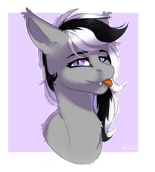 Size: 972x1080 | Tagged: safe, artist:villjulie, derpibooru import, oc, oc:wafflejuice, unofficial characters only, bat pony, pony, black and white mane, fangs, female, gray fur, image, jpeg, mare, purple eyes, simple background, solo, tongue out