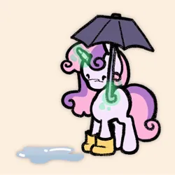 Size: 2048x2048 | Tagged: safe, artist:dummbeez, derpibooru import, sweetie belle, pony, unicorn, g4, female, filly, foal, horn, image, jpeg, magic, puddle, rubber boots, simple background, solo, telekinesis, umbrella