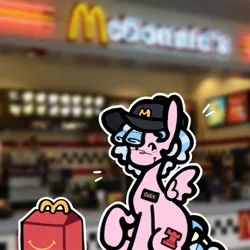 Size: 2048x2048 | Tagged: safe, artist:dummbeez, derpibooru import, cozy glow, pegasus, pony, g4, cap, female, filly, foal, happy meal, hat, image, jpeg, mcdonald's, name tag, solo