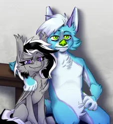 Size: 1963x2160 | Tagged: safe, artist:sally, derpibooru import, oc, oc:wafflejuice, unofficial characters only, bat pony, fox, pony, black and white mane, duo, female, furry, gray fur, image, jpeg, mare, purple eyes, simple background