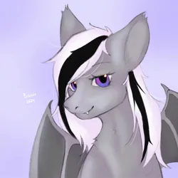 Size: 1280x1280 | Tagged: safe, artist:biscuitfox, artist:jipest, artist:фляпик, derpibooru import, oc, oc:wafflejuice, unofficial characters only, bat pony, bat wings, black and white mane, fangs, gray fur, image, jpeg, solo, wings