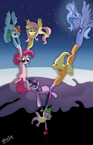 Size: 2460x3840 | Tagged: safe, artist:starry swirl, derpibooru import, idw, fluttershy, pinkie pie, princess luna, rainbow dash, spike, twilight sparkle, alicorn, earth pony, pegasus, pony, unicorn, comic:nightmare rarity, g4, comic, female, horn, image, mare, png, s1 luna, tail, tail pull