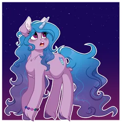 Size: 1000x1000 | Tagged: safe, artist:xxmikaraxx, derpibooru import, izzy moonbow, pony, unicorn, g5, blue mane, blue tail, bracelet, collarbone, female, friendship bracelet, horn, image, jewelry, long legs, looking up, mare, open mouth, passepartout, png, purple coat, purple eyes, solo, stars, tail, unshorn fetlocks