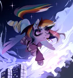 Size: 4000x4300 | Tagged: source needed, safe, artist:prisadchenko, derpibooru import, rainbow dash, pegasus, pony, g4, bandage, building, cigarette, city, clothes, cloud, ear piercing, earring, eyeshadow, female, image, jacket, jewelry, jpeg, makeup, mare, missing cutie mark, night, piercing, smoke, smoking, solo