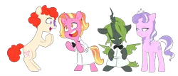 Size: 1280x548 | Tagged: safe, artist:chub-wub, derpibooru import, diamond tiara, luster dawn, twist, changeling queen oc, oc, oc:wisteria, changeling, changeling queen, earth pony, pony, unicorn, fanfic:product of friendship, g4, bipedal, bipedal leaning, black and green, bowtie, changeling oc, clothes, diadem, eye clipping through hair, fanfic art, fangs, female, female oc, filly, filly oc, floppy ears, foal, glasses, green changeling, happy, horn, image, jewelry, leaning, looking at each other, looking at someone, older, older diamond tiara, older twist, open mouth, open smile, png, raised hoof, regalia, simple background, sitting, smiling, smirk, spread wings, standing, transparent background, unamused, unicorn oc, uniform, wings