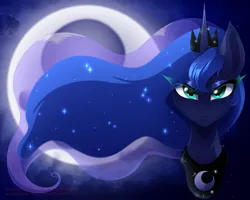 Size: 2500x2000 | Tagged: safe, artist:katethedeath1, derpibooru import, princess luna, alicorn, pony, g4, crown, ethereal mane, eyeshadow, female, head only, image, jewelry, long mane, looking at you, makeup, mare, moon, png, regalia, royalty, solo