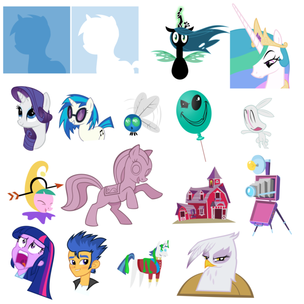 Size: 5443x5443 | Tagged: safe, artist:the smiling pony, derpibooru import, angel bunny, discord, flash sentry, gilda, princess celestia, queen chrysalis, rarity, shining armor, twilight sparkle, vinyl scratch, gryphon, parasprite, pony, equestria girls, g4, .svg available, balloon, camera, farmhouse, image, jester, png, pointy ponies, simple background, statue, template, transparent background, vector