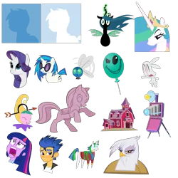 Size: 5443x5443 | Tagged: safe, artist:the smiling pony, derpibooru import, angel bunny, discord, flash sentry, gilda, princess celestia, queen chrysalis, rarity, shining armor, twilight sparkle, vinyl scratch, gryphon, parasprite, pony, equestria girls, g4, .svg available, balloon, camera, farmhouse, image, jester, png, pointy ponies, simple background, statue, template, transparent background, vector