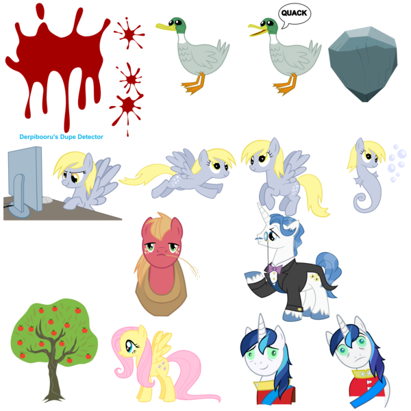 Size: 5443x5443 | Tagged: safe, artist:the smiling pony, derpibooru import, big macintosh, bloomberg, derpy hooves, fancypants, fluttershy, shining armor, tom, bird, duck, mallard, pegasus, pony, sea pony, unicorn, g4, .svg available, apple, apple tree, blood, boulder, computer, female, food, horn, image, male, mare, png, race swap, simple background, stallion, transparent background, tree, vector