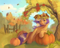 Size: 1280x1025 | Tagged: safe, artist:nexya05, derpibooru import, oc, unofficial characters only, earth pony, pony, autumn, female, fence, image, leaves, mare, outdoors, png, pumpkin, solo, tree