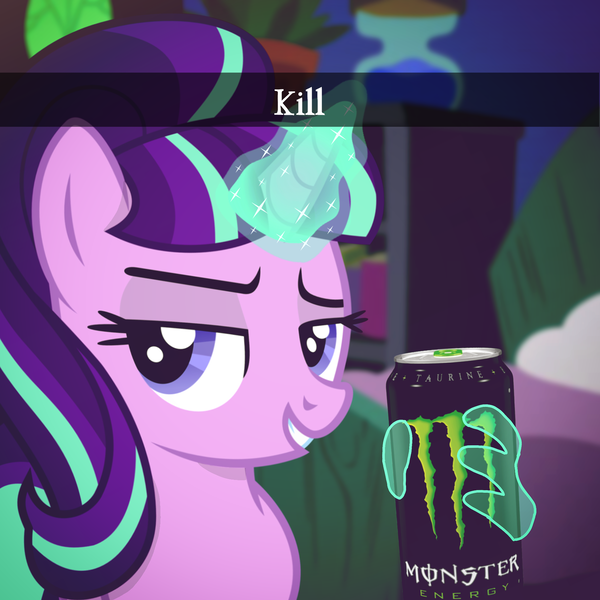 Size: 2048x2048 | Tagged: safe, artist:cezaryy, artist:trrrebleee, derpibooru import, edit, vector edit, starlight glimmer, pony, unicorn, g4, bedroom, caption, drink, energy drink, franzj, glow, glowing horn, horn, image, meme, monster energy, png, ponified meme, s5 starlight, snapchat, starlight's bedroom, text, vector