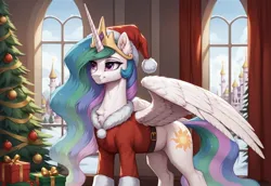 Size: 1856x1280 | Tagged: safe, ai content, derpibooru import, generator:autismmixpony, machine learning generated, prompter:thelight3d, princess celestia, alicorn, g4, canterlot, christmas, christmas lights, christmas tree, clothes, costume, day, hat, holiday, horn, image, indoors, jpeg, present, royalty, santa costume, santa hat, snow, tree, warm, window, wings