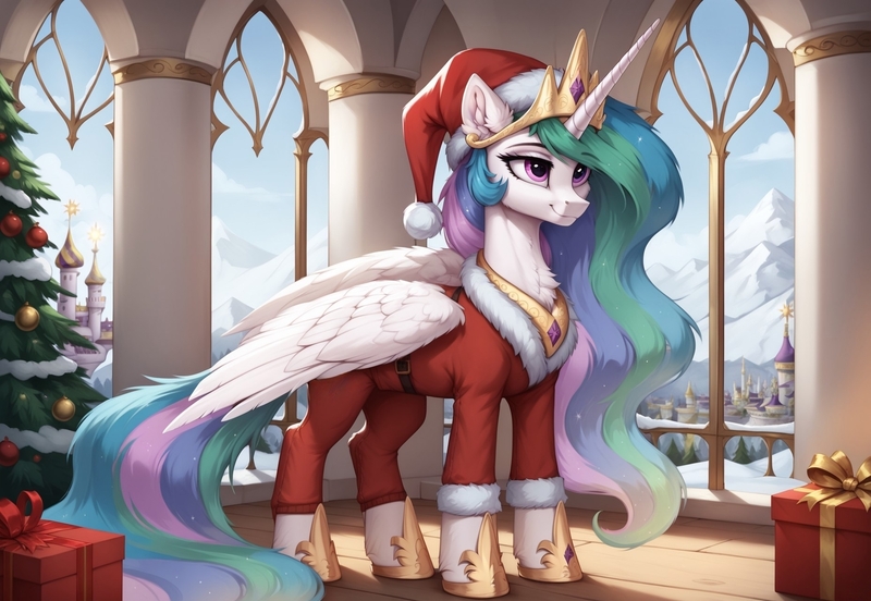 Size: 1856x1280 | Tagged: safe, ai content, derpibooru import, generator:autismmixpony, machine learning generated, prompter:thelight3d, princess celestia, alicorn, g4, canterlot, christmas, christmas lights, christmas tree, clothes, costume, day, full body, hat, holiday, horn, image, indoors, jpeg, present, royalty, santa costume, santa hat, snow, tree, warm, window, wings