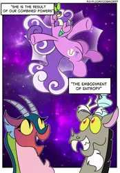 Size: 1640x2360 | Tagged: safe, artist:c0smicriff, derpibooru import, discord, screwball, draconequus, earth pony, pony, comic:a screwy reunion, g4, comic, female, image, male, mare, passepartout, png, stars, the cosmos